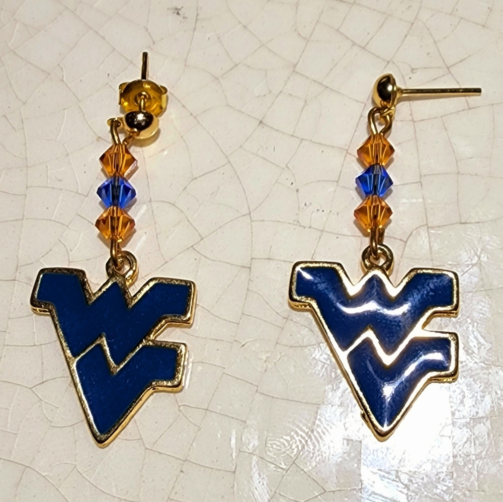 NWT West Virginia Initials Blue Orange Genuine Austrian Crystals post earrings